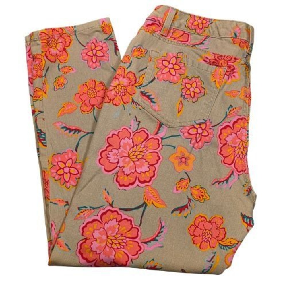 Jones New York Battery Park Ankle Pants Womens 16 Tan Floral Pink Orange Bright